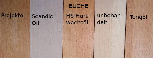 Farbvergleich verschiedener Holzöle auf Buche-Massivholz