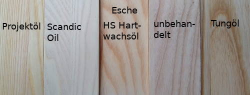 Farbvergleich verschiedener Holzöle auf Esche-Massivholz