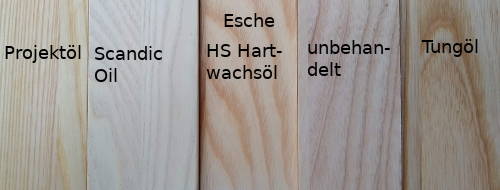 Farbvergleich verschiedener Holzöle auf Esche-Massivholz