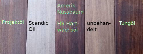 Farbvergleich verschiedener Holzöle auf Nussbaum-Massivholz