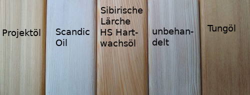 Farbvergleich verschiedener Holzöle auf Lärche-Massivholz