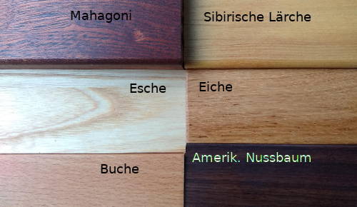 Farbvergleich von mit Tungöl behandelten Hölzern